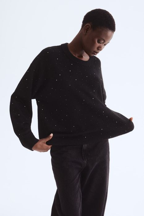 Sweter XS nowa kolekcja czarny wełna PROMOCJA pulower zdobiony