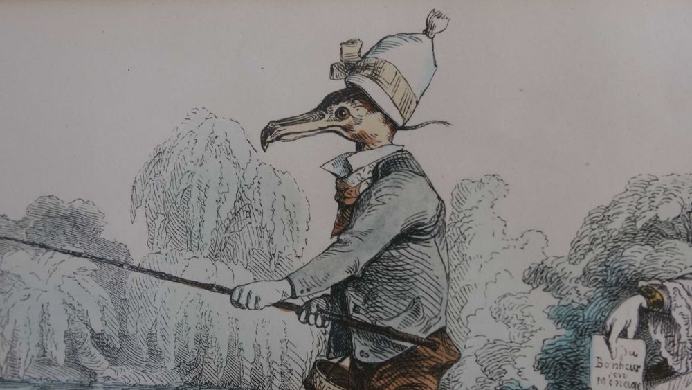 Gravura satírica francesa emoldurada - "Un mariage suivant le lois"