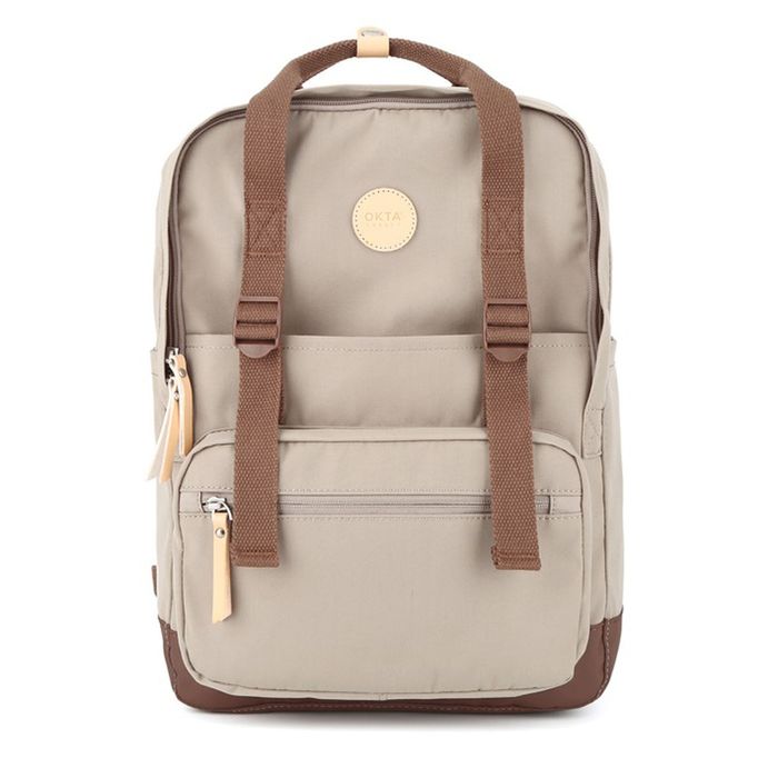 beżowo-brązowy, praktyczny plecak miejski zawieszony na regulowanych