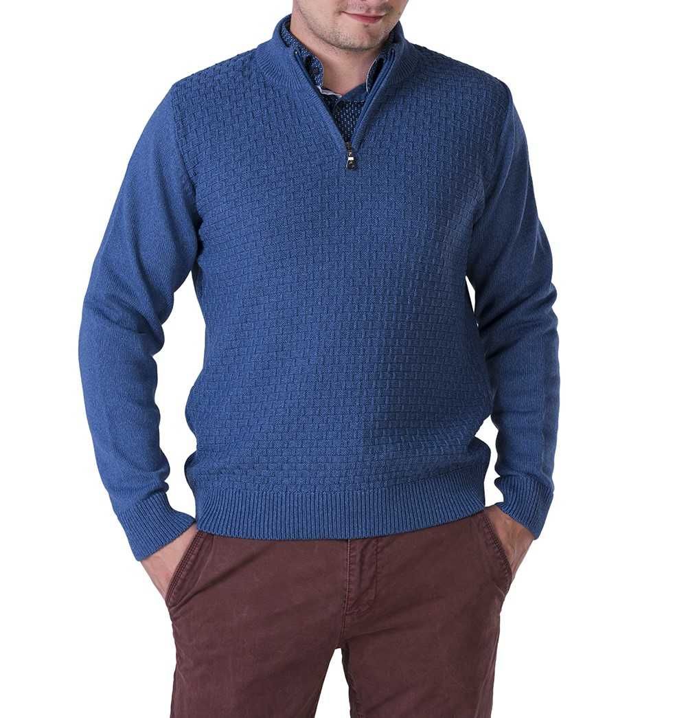 Bawełniany sweter męski z stójką – Niebieski XXL