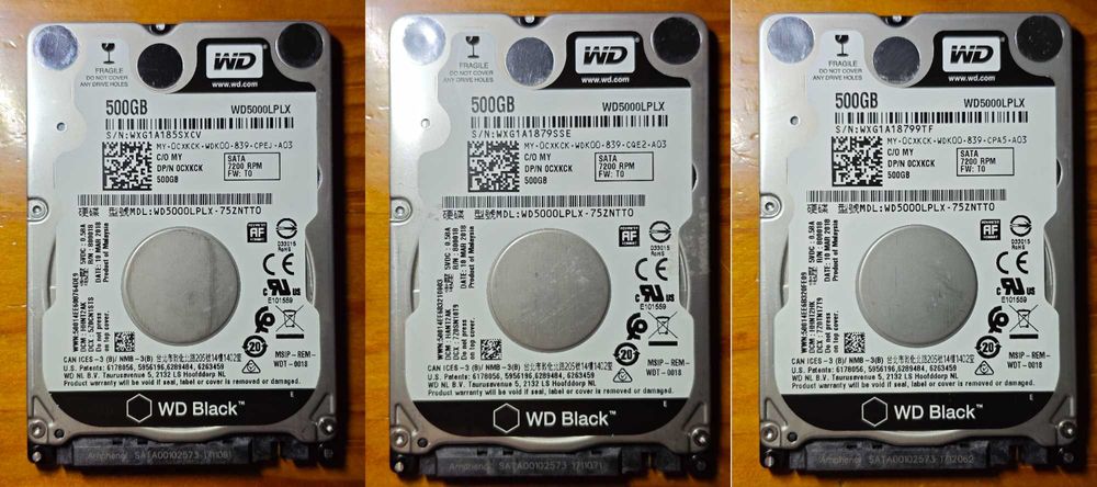 3 discos HDD 2.5" Western Digital Black 500GB (7200 RPM)