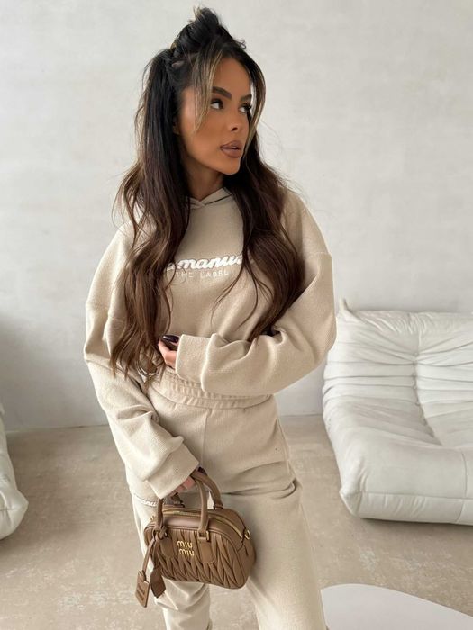 Komplet beż fine line La Manuel z kapturem, dres miś M/L