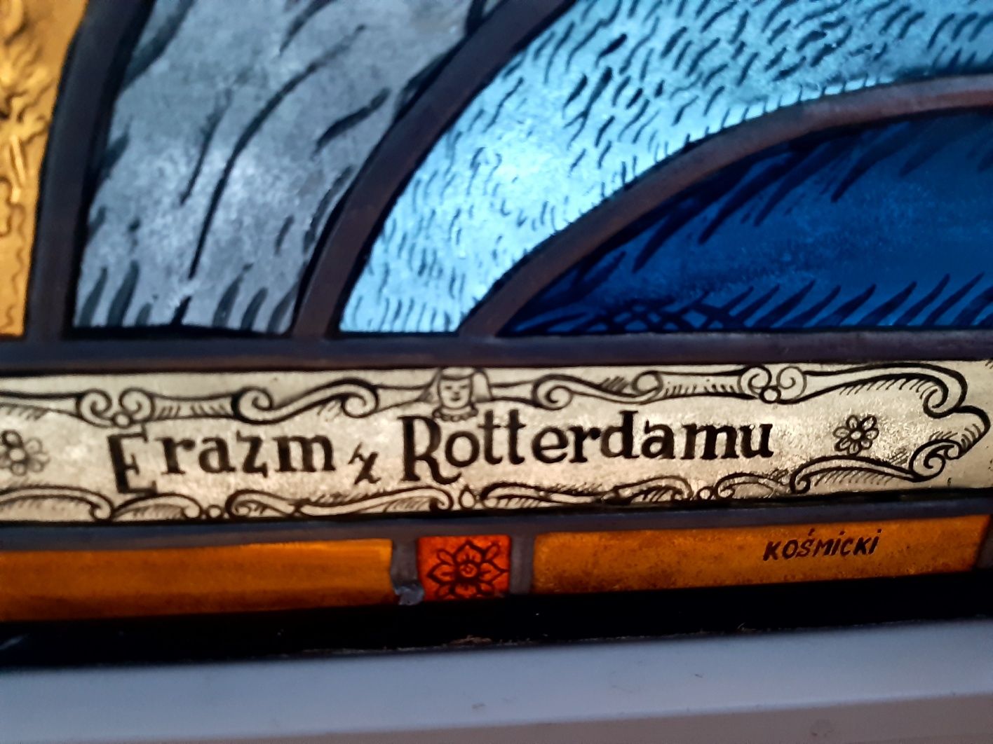 Witraż Zygmunt Kośmicki Erazm z Roterdamu piękny stary unikat Poznań