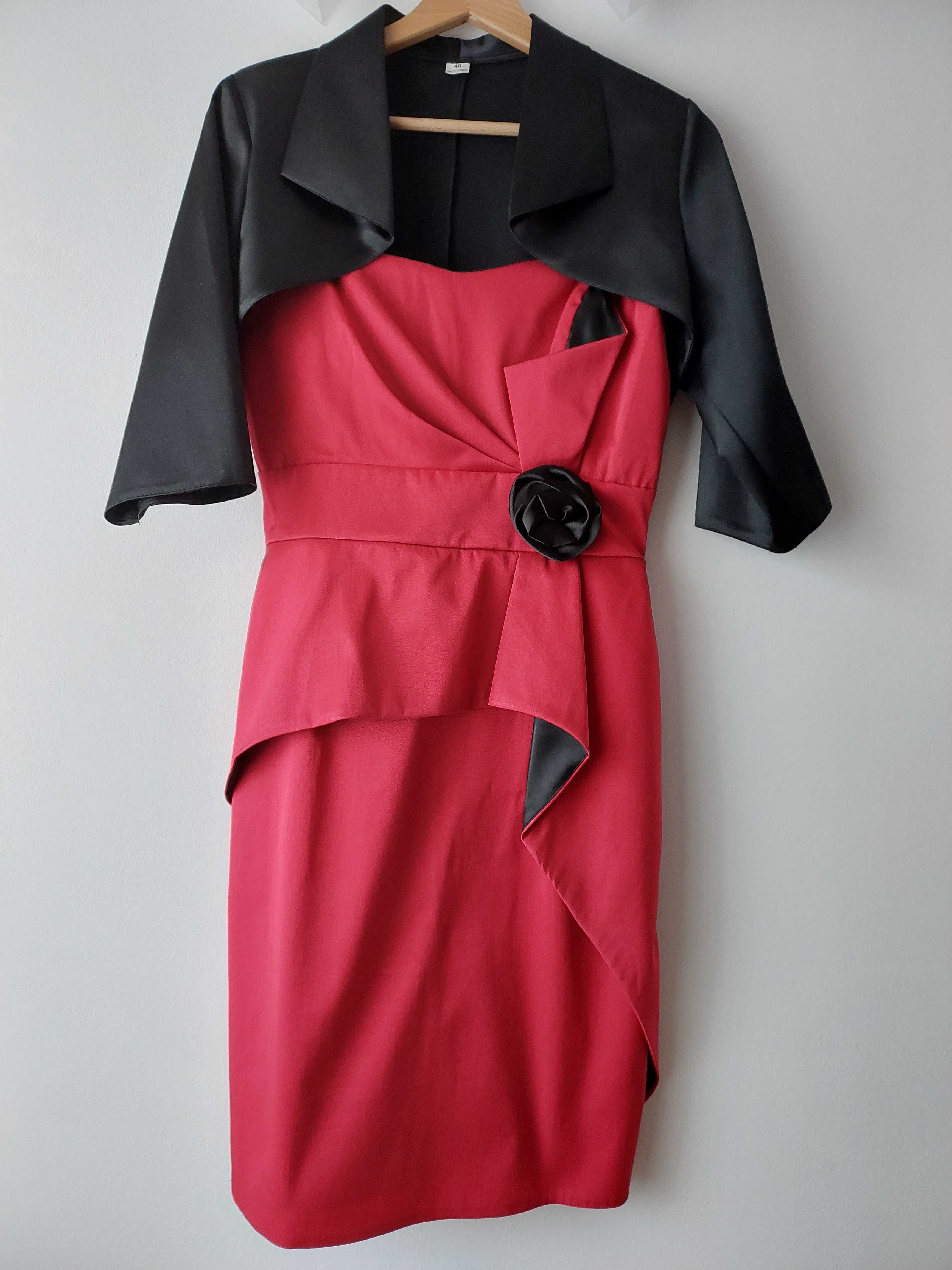 Elegancka sukienka czerwona czarna + bolerko na wesele, komunię.