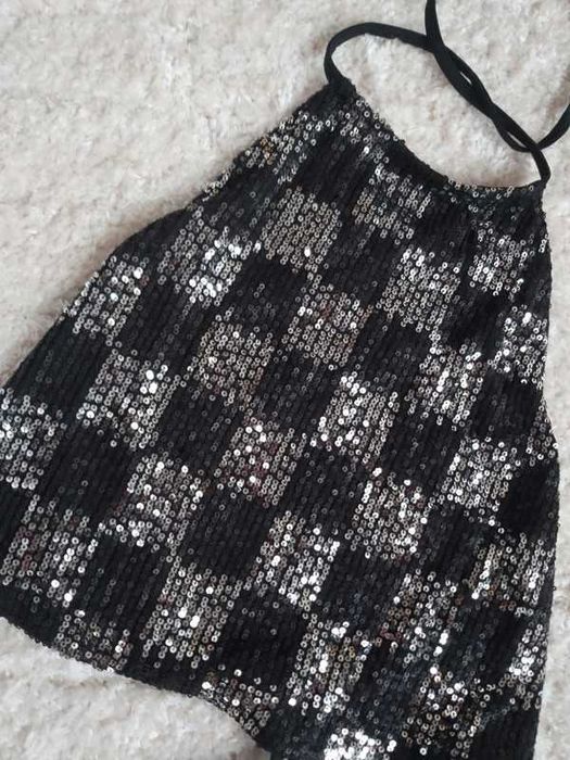 Cekinowy top Czarny srebrny wiązany crop top XS 34 New Yorker