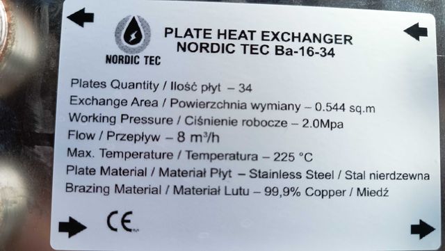 Płytowy wymiennik ciepła 34 płyty 45 kW NORDIC TEC BA-16-34 + izolacja