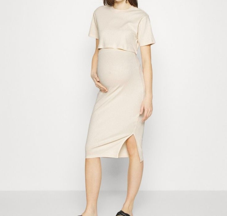 Komplet ciążowy H&M prążkowany top spódnica ołówkowa M 38 beżowy