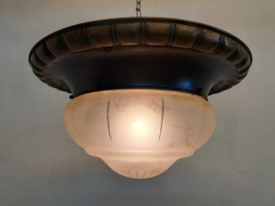 Plafon mosiężny art deco secesja szklany klosz grawerowany ampla lampa
