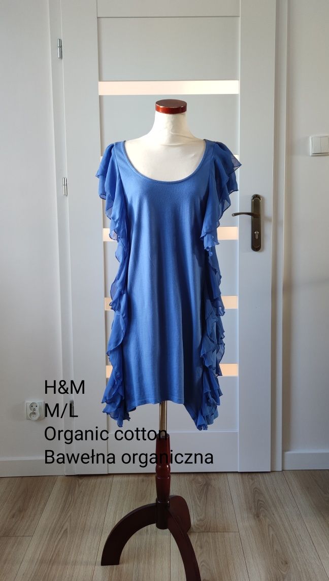 Sukienka H&M niebieska falbany organiczna bawełna M/38/10