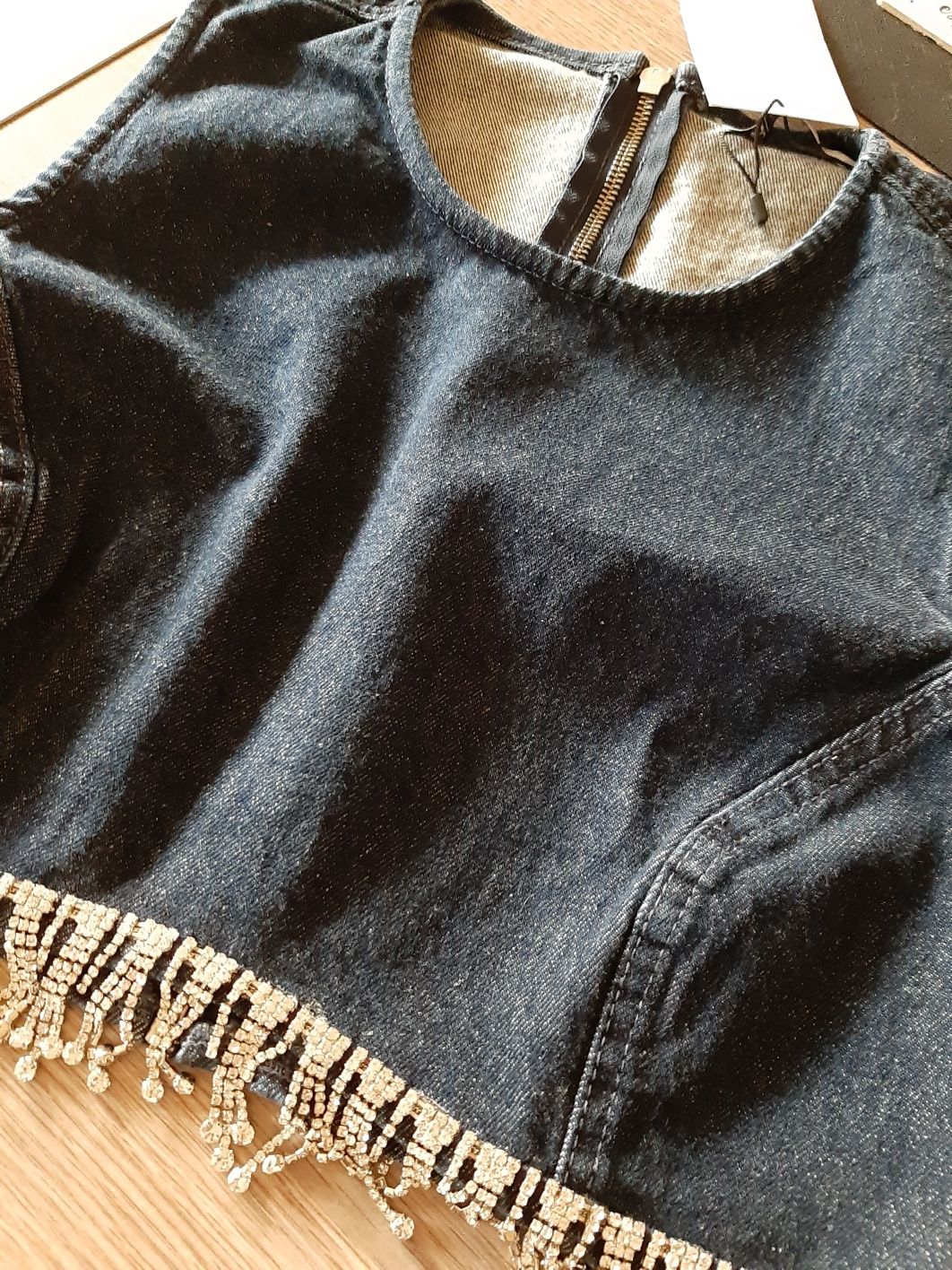 Kamizelka frędzle kolekcja damska zara L kamyki jeans kryształki tkmax
