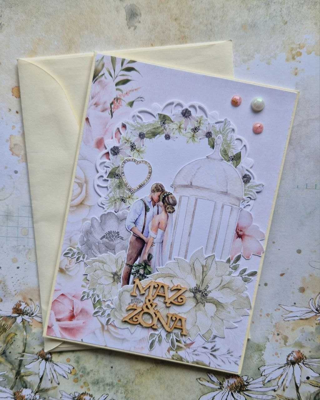 Kartka z parą młodą na ślub ręcznie robiona, do koperty