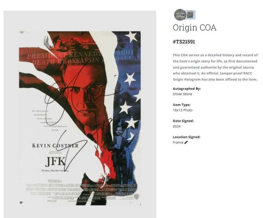 Oliver Stone JFK plakat z autografem + certyfikat autentyczności