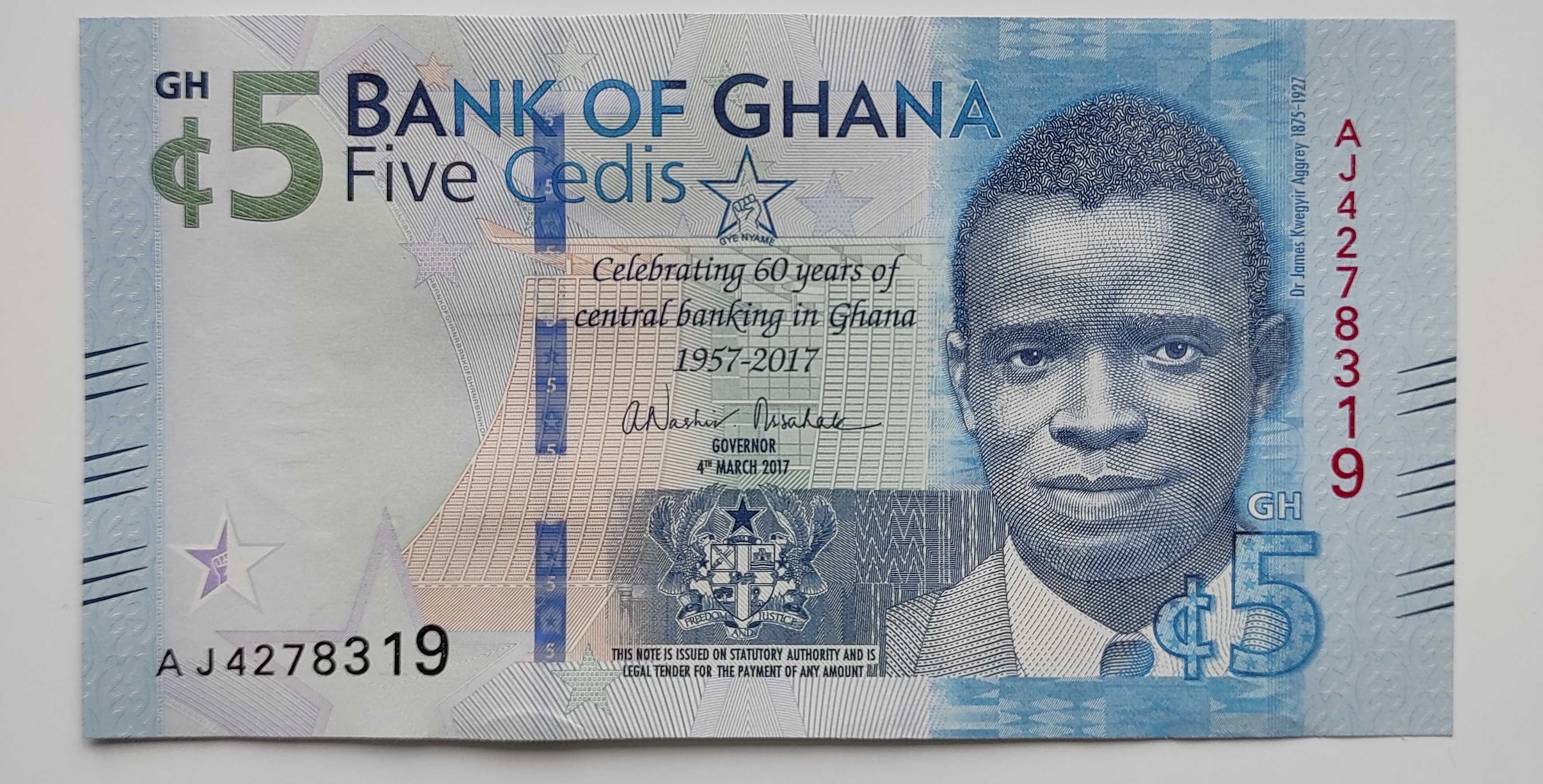 Banknot 5 cedis Ghana 60 lat Banku Centralnego Ghany UNC