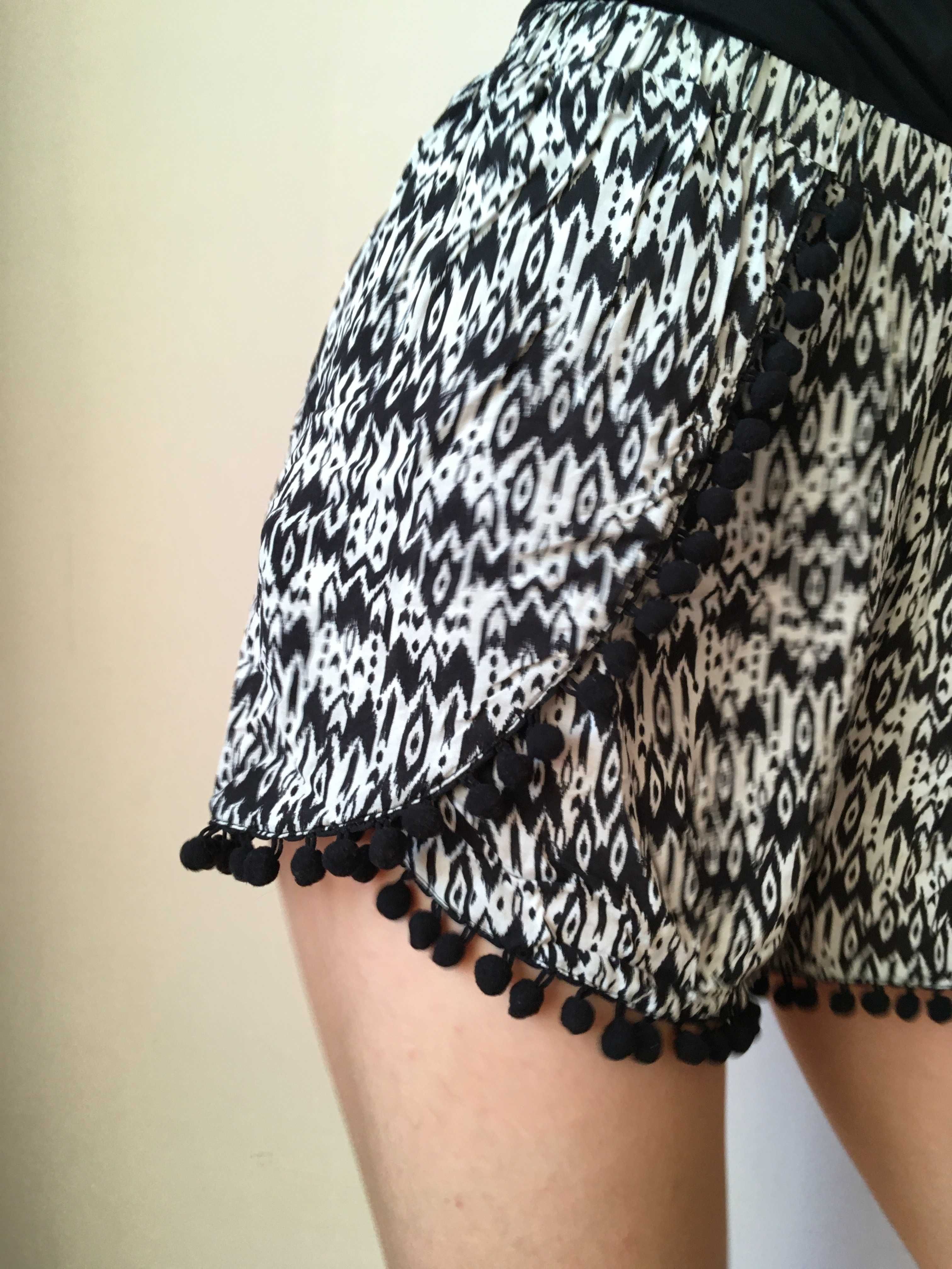 Spodenki shorty letnie 38 L H&M pomponiki biało czarne