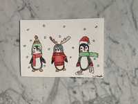 Kartka okolicznościowa świąteczna pingwinki czapka szalik łyżwy