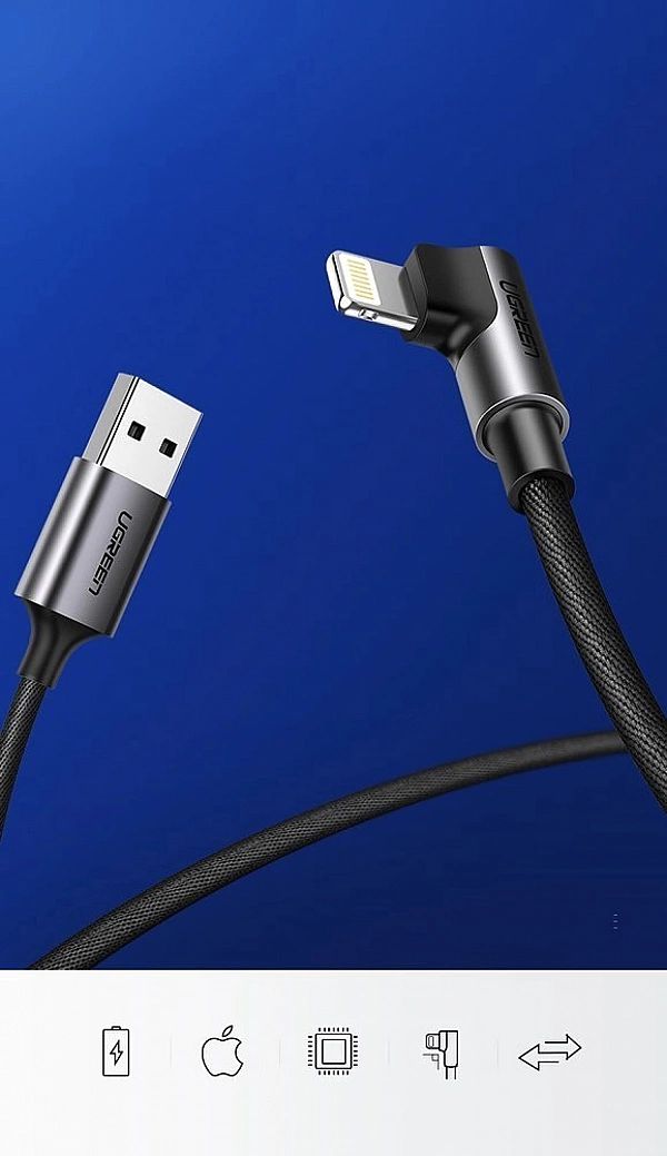 Ugreen kątowy kabel przewód USB - Lightning MFI 1m 2,4A czarny