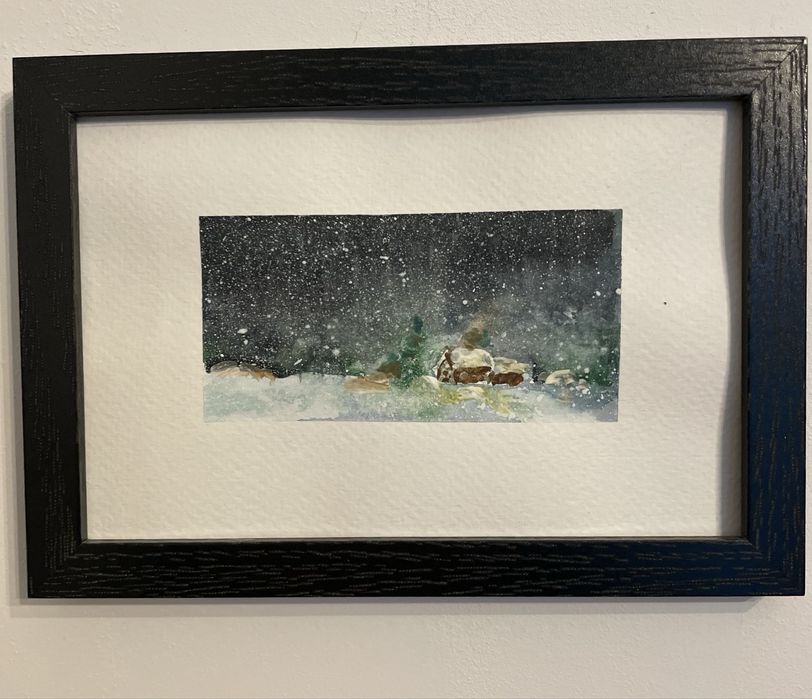 Akwarela obrazek pejzaz zimowy w ramce szkło