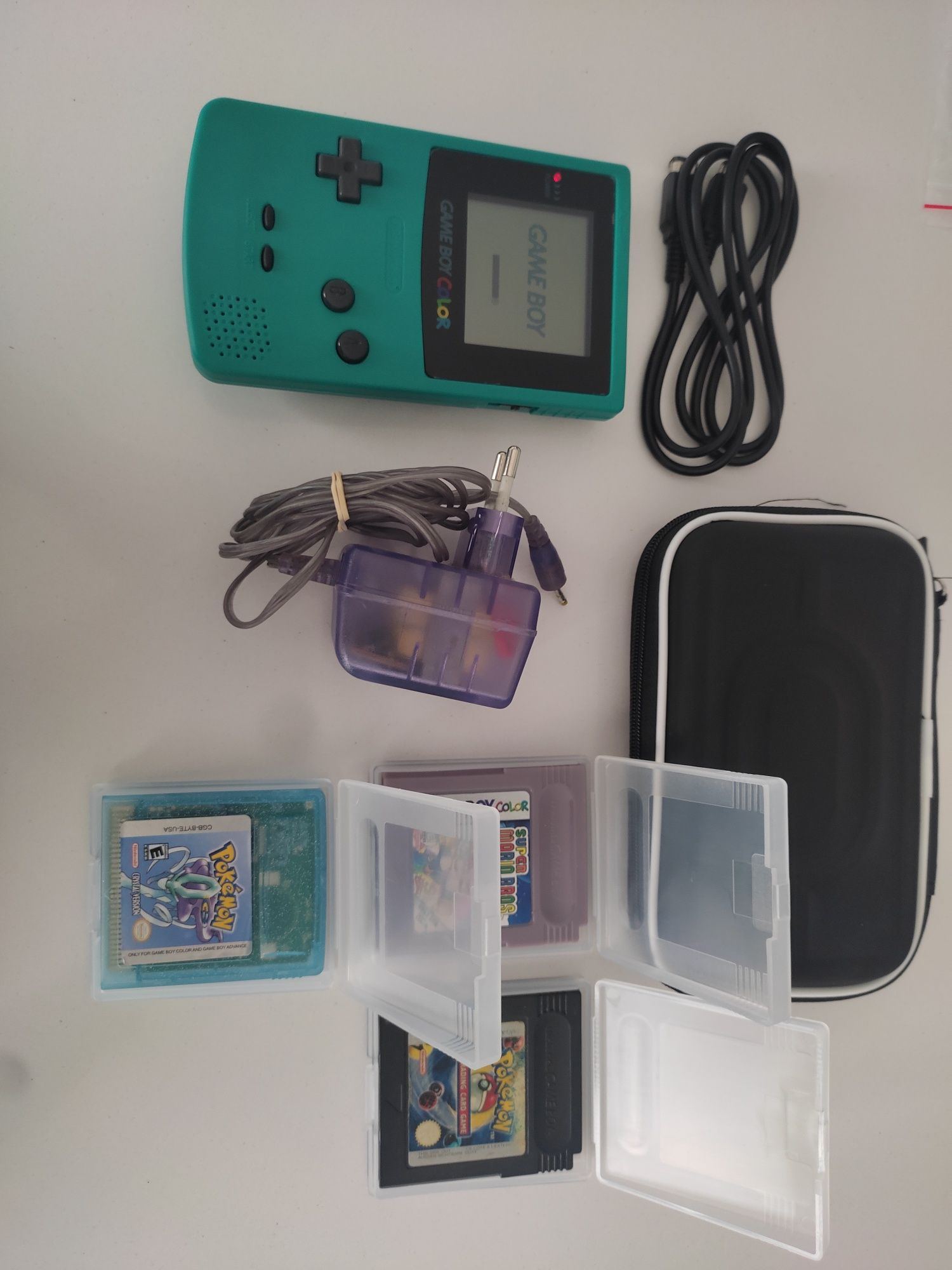 Pack Gameboy color azul com jogos carregador cabo link e bolsa