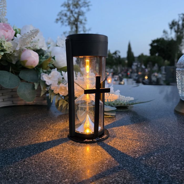 ZNICZ Solarny led  LAMPION na grób statuetka na cmentarz z krzyżem