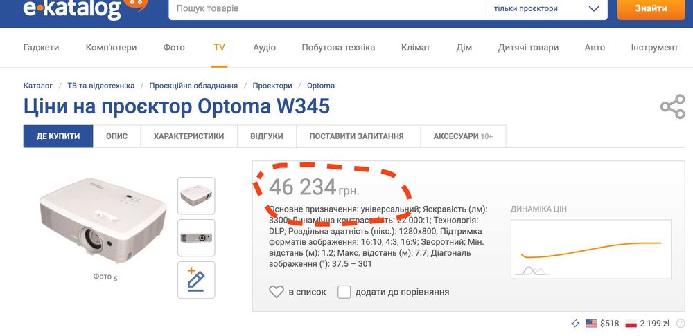 Новий проектор Optoma W345, 3700 лм, WXGA (1280×800) підтримка Full HD