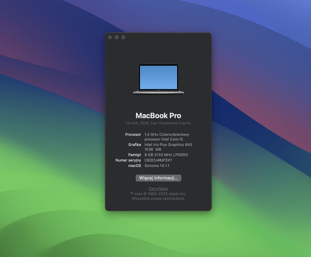 Jak nowy - Apple MacBook Pro 13 2020 i5 8 GB 256GB Space Gray