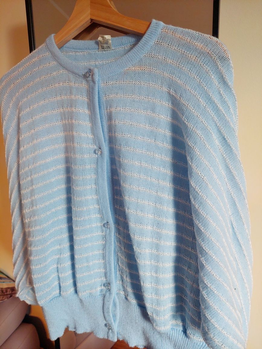 Vintage sweter kardigan błękitny biały paski nietoperzowy krój