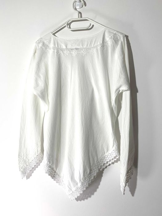 biała bluzka koszula na długi rękaw XS koronka boho hippie folk bawełn