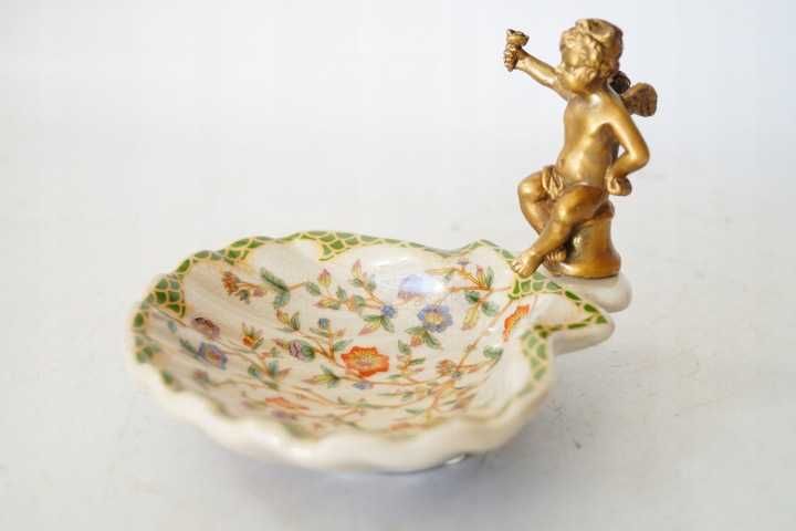 Mydelniczka paterka z aniołkiem porcelana + brąz