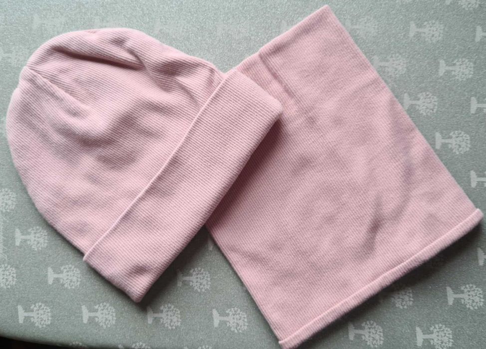 Handmade komplet wiosenny czapka + komin z podwójnej bawełny prążek