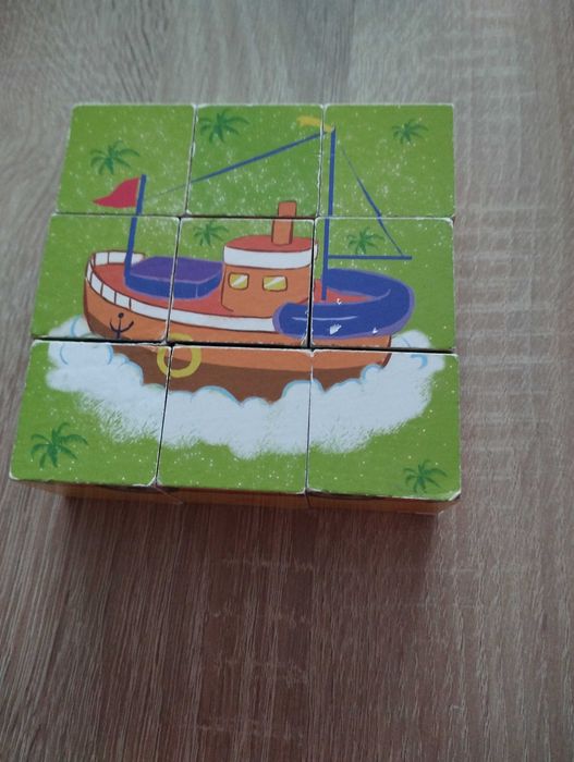 Drewniane puzzle kostki 6w1, pojazdy, wóz strażacki, statek, karetka