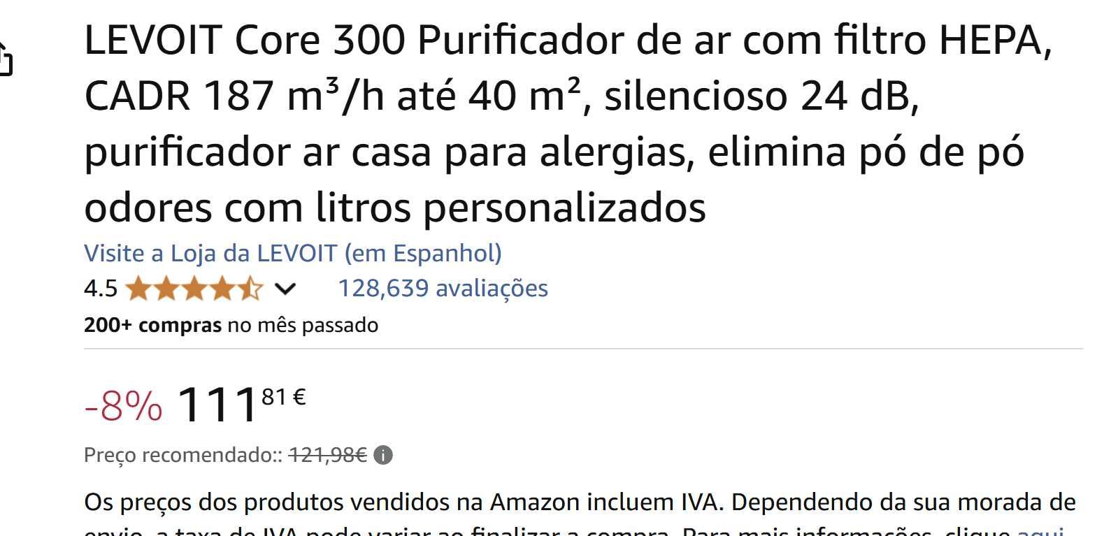 Purificador de ar - LEVOIT Core 300 - como novo