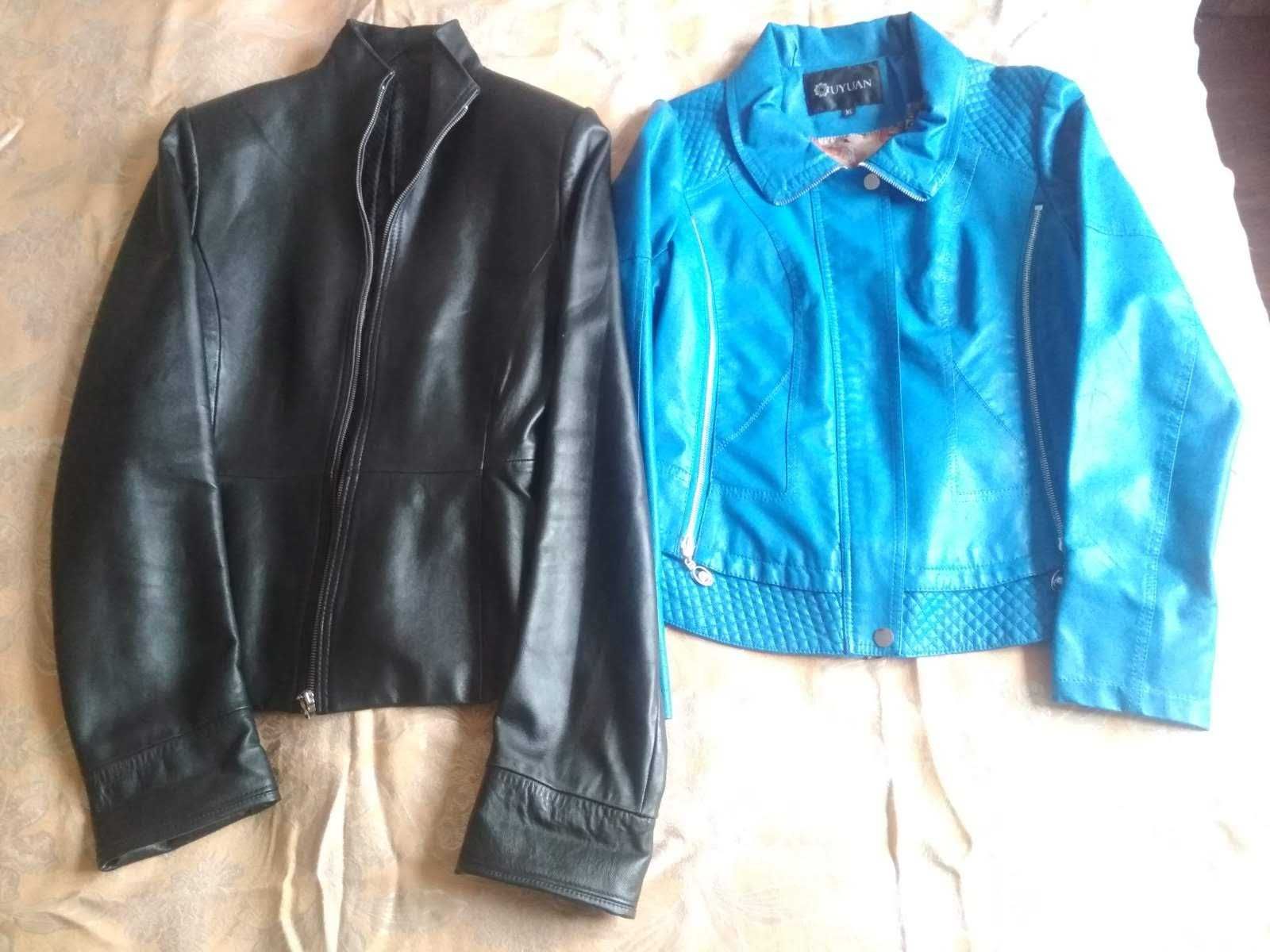 Женская курточка черная кожанка 46размер и синяя курточка кожзам 50раз