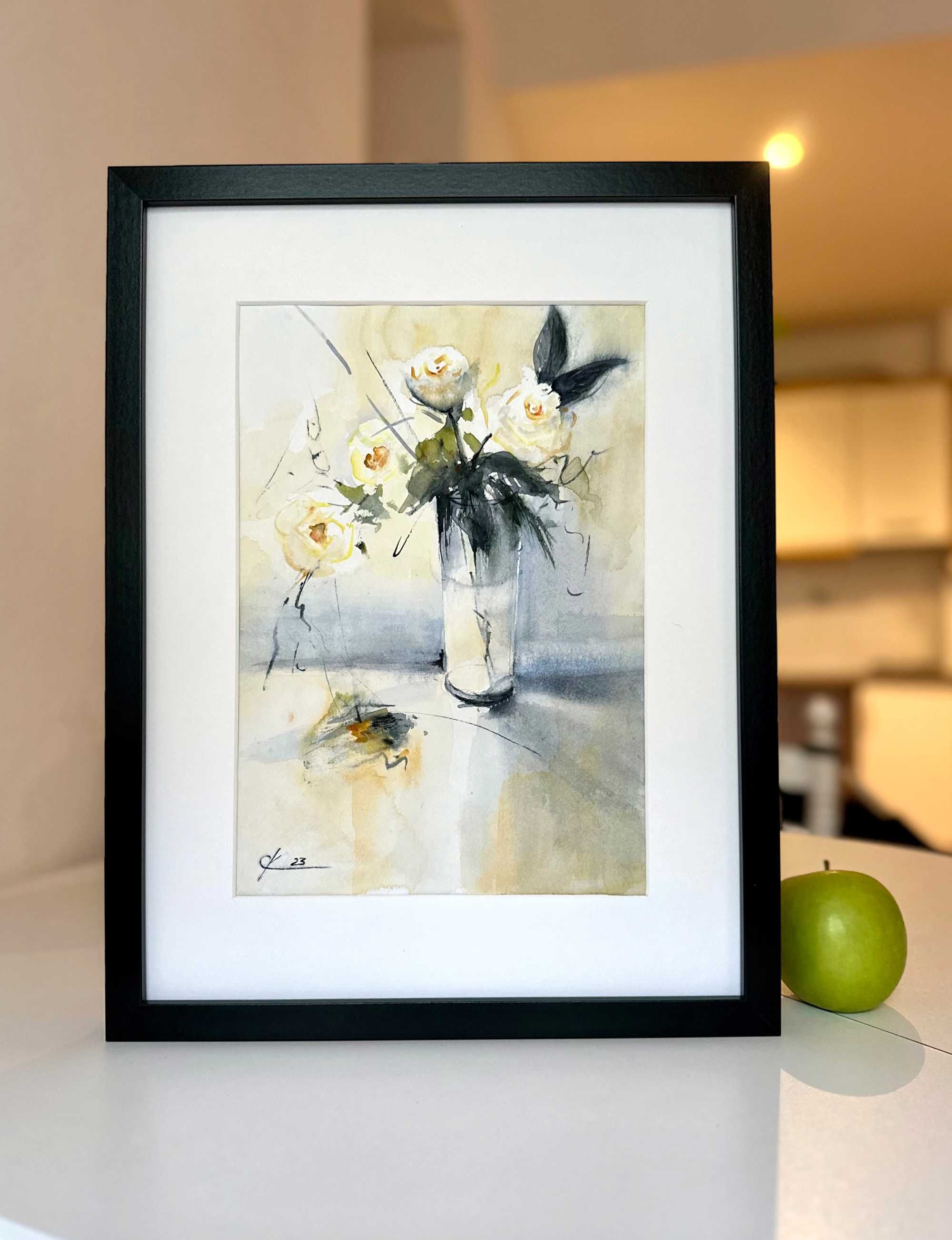 Pintura a aguarela com moldura. Flores/ framed original art, Flowers