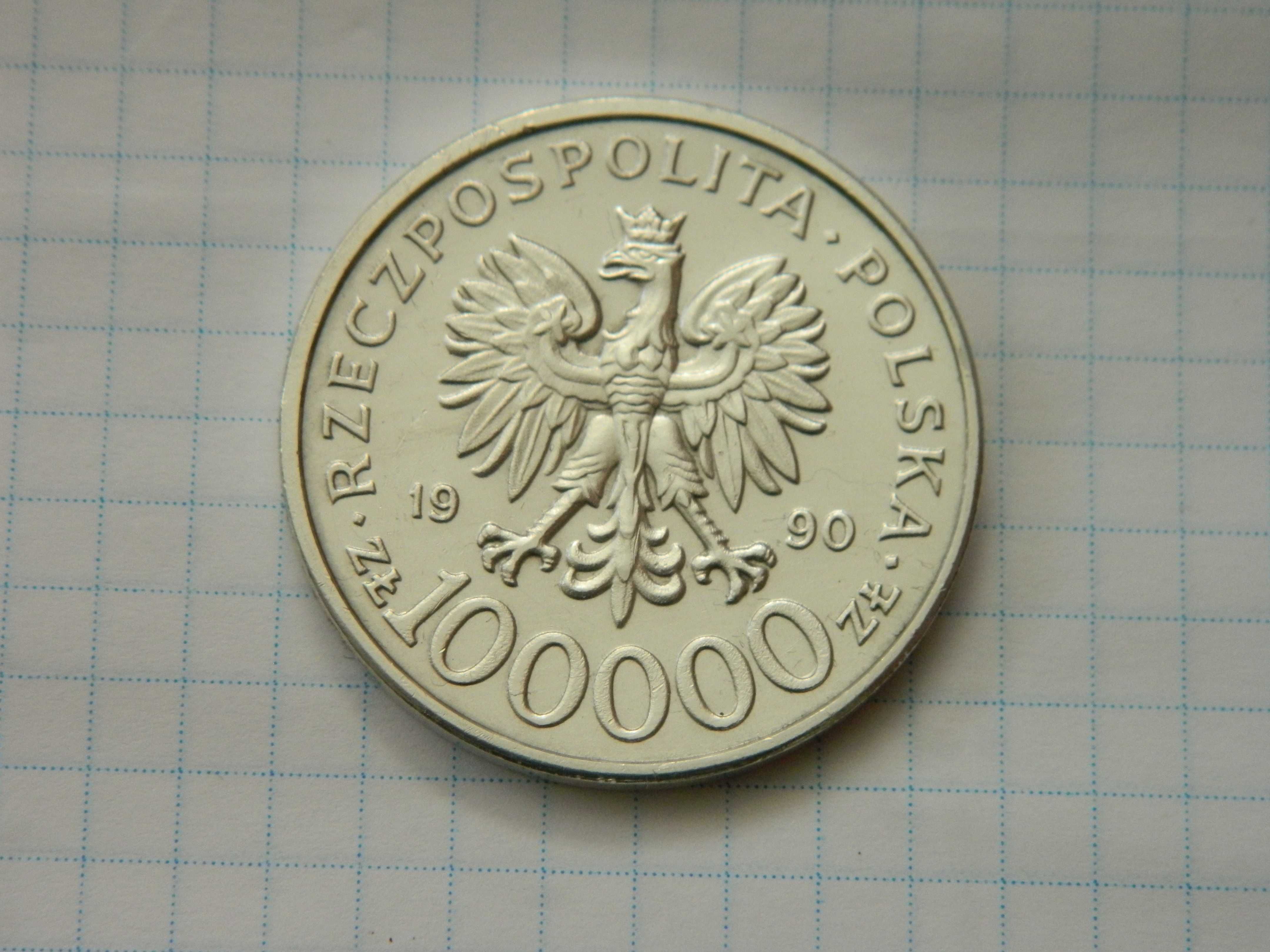 100 000 злотих 1990 року. Солідарність.  Польща. Срібло 999проби.