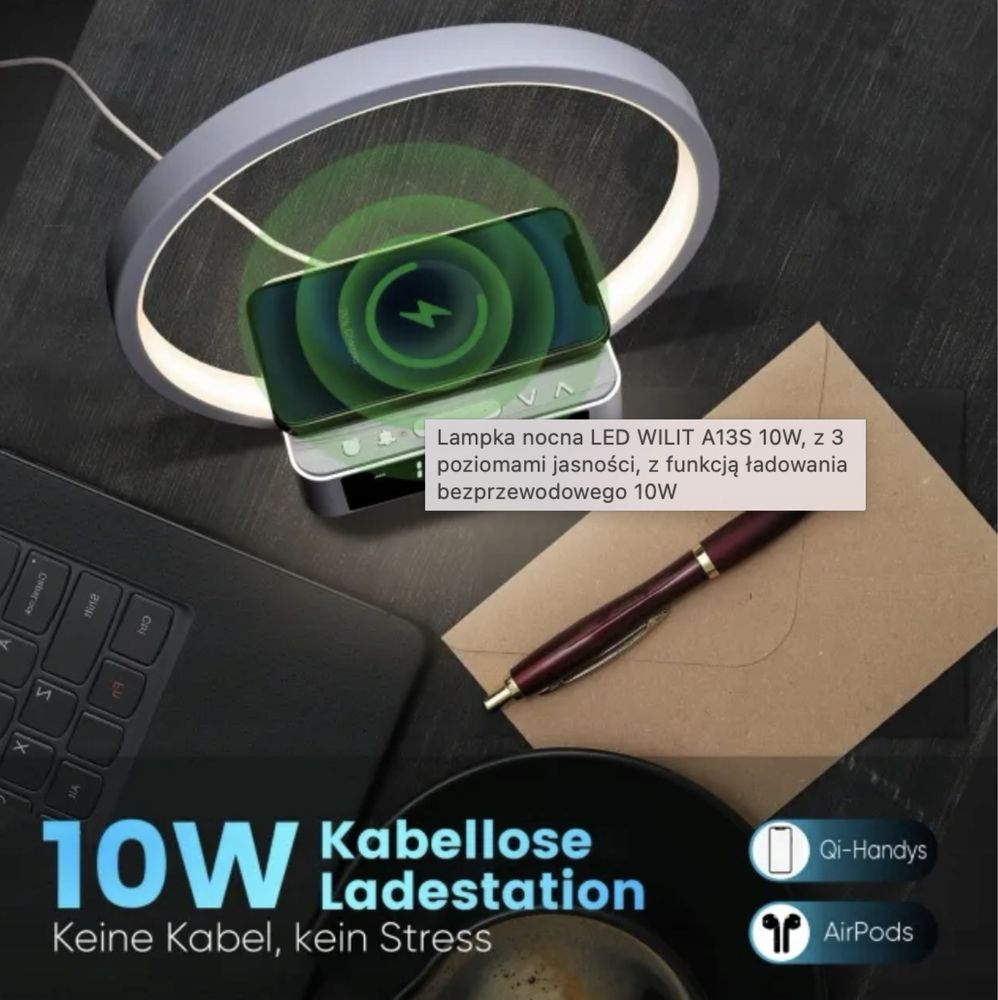 WILIT Lampka nocna LED 10W z ładowarka