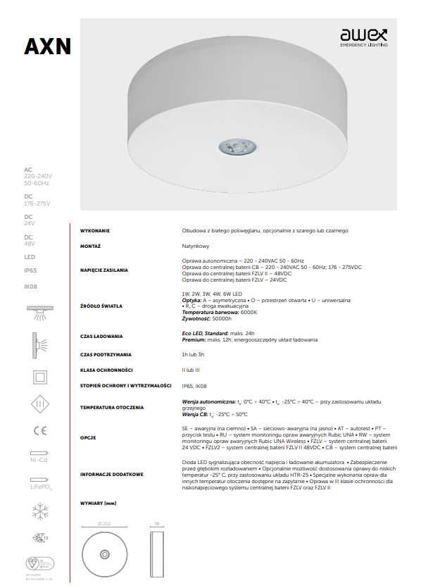 Oprawa awaryjna AXN IP65 LED AXNO/1W/B/1/SE/AT/WH AWEX