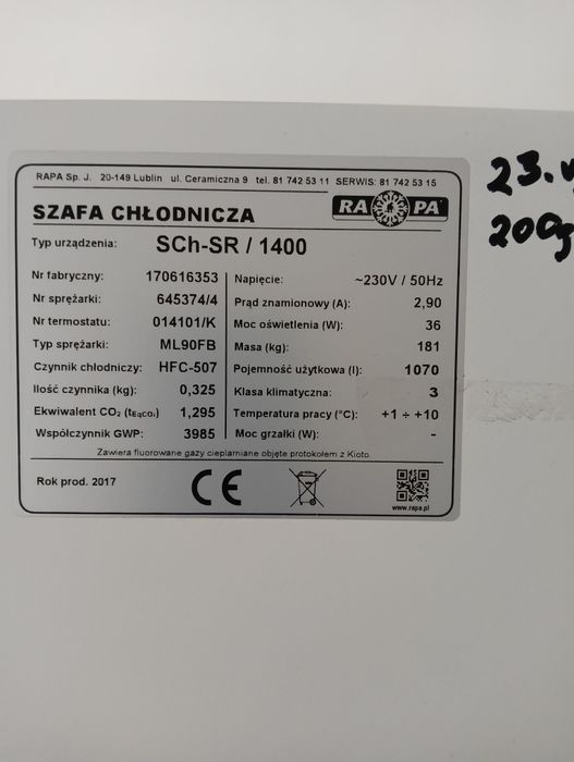 Szafa Chłodnicza SCh-SR/1400