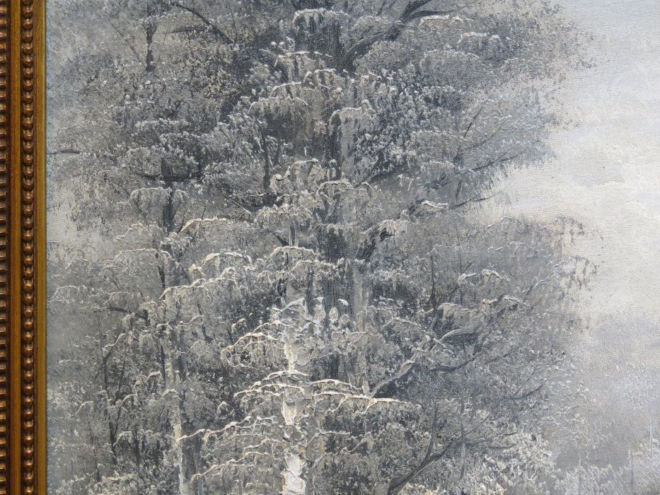 Óleo sobre tela representando floresta em tons de cinza, com moldura
