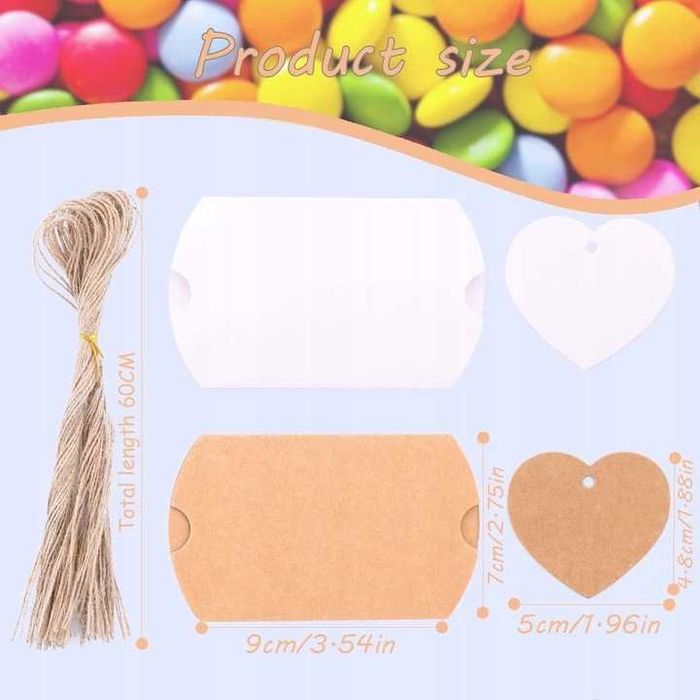 90x Pudełka prezentowe kraft + sznurek + etykiety Love 9x6,5x2,4 cm
