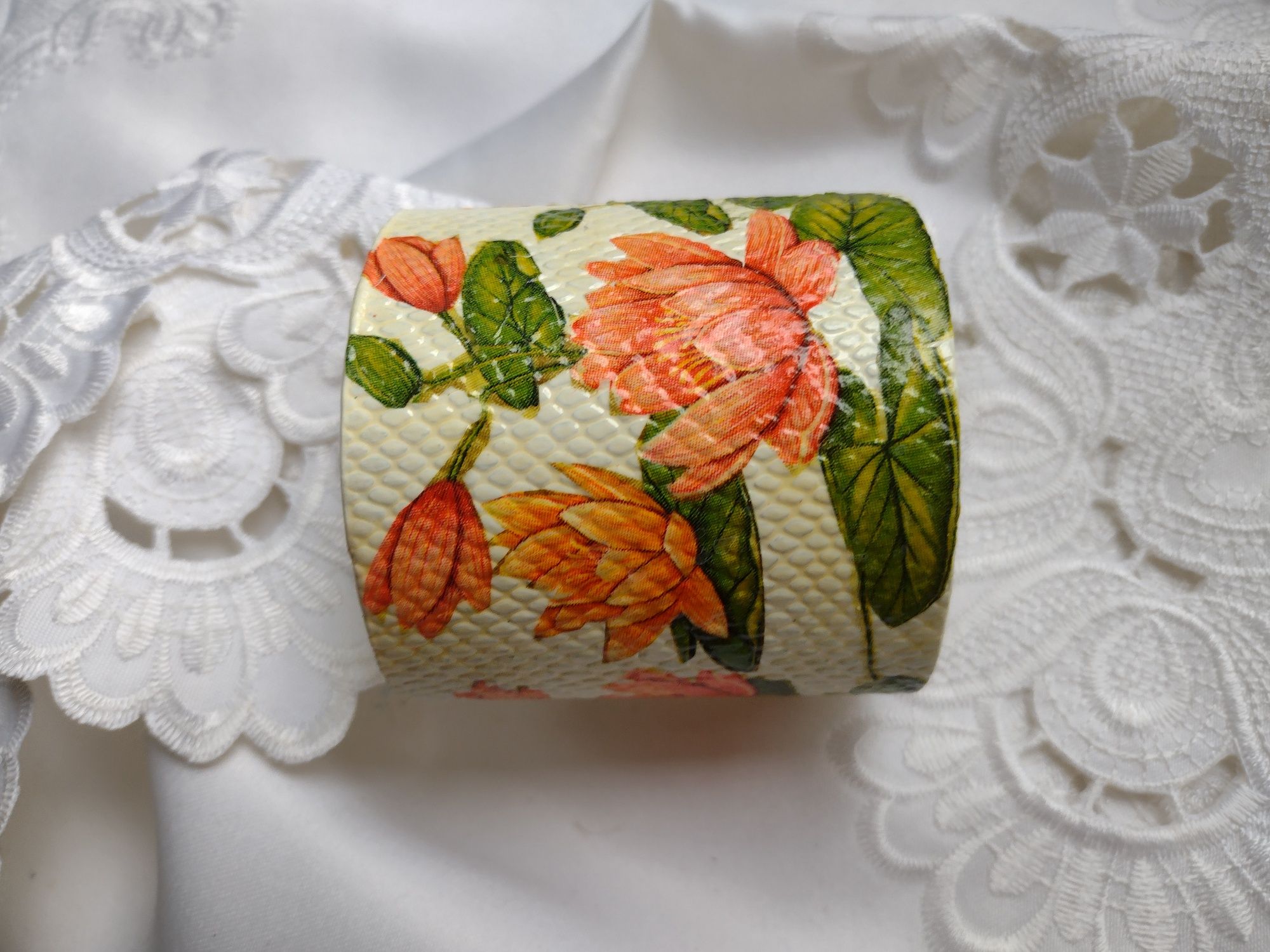 bransoletka szeroka 7cm łososiowe lilie wodne decoupage