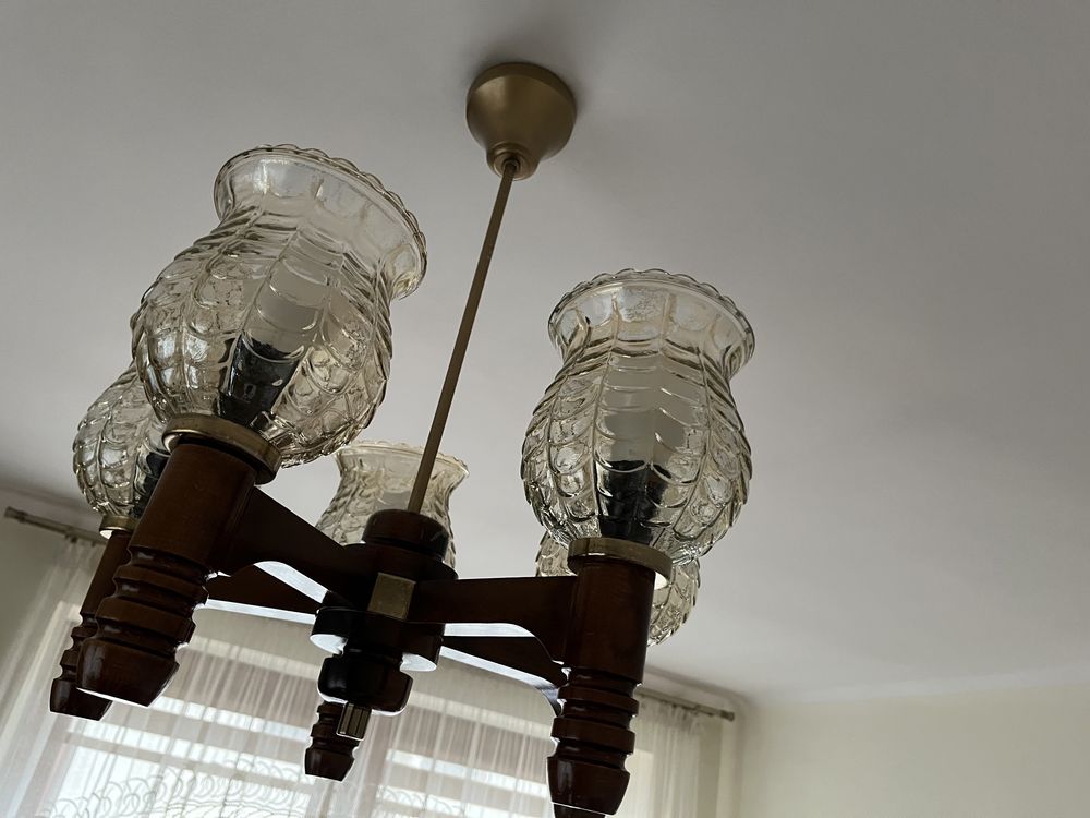 Lampa sufitowa retro vintage drewno szklany żyrandol klosze