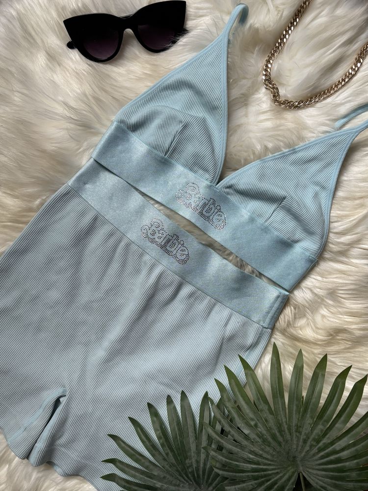 Komplet Barbie top stanik spodenki kolarki baby blue dżety Primark S