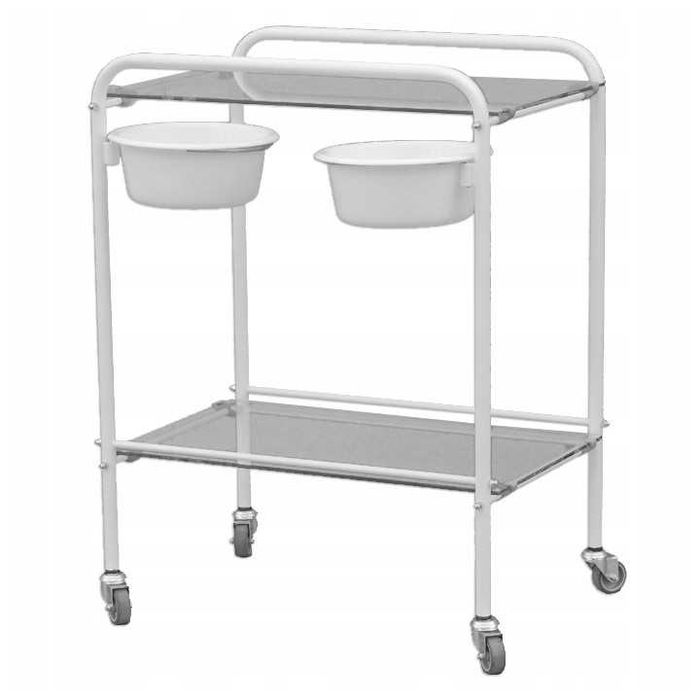 Stolik zabiegowy z dwiema uchylnymi miskami i szklanymi blatami