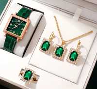 Nowy śliczny zestaw w kolorze złoto zielonym zegarek biżuteria