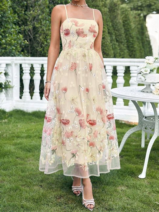 Sukienka Letnia Tiulowa Rozkloszowana Na Ramiączkach W Kwiaty Shein S