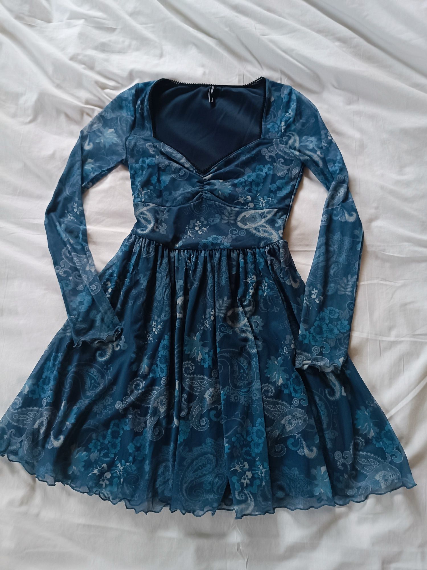 Granatowa niebieska sukienka milkmaid fairycore y2k falbanki / S 36