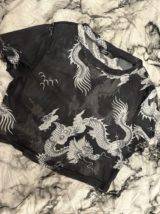 Luźny crop top krótki rękaw siatka XS/34 shein smoki y2k alternative