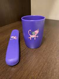 Kubek+ opakowanie na szczoteczkę zestaw fioletowy z kotkiem