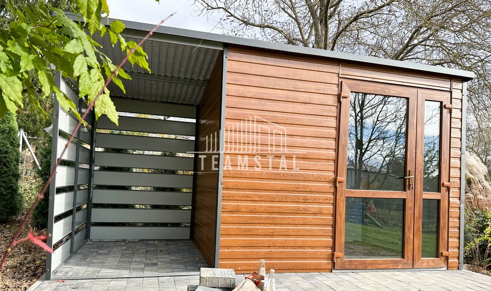 SCHOWEK - DOMEK OGRODOWY 2,5m x 2m + wiata 1,3m jasny orzech TS511