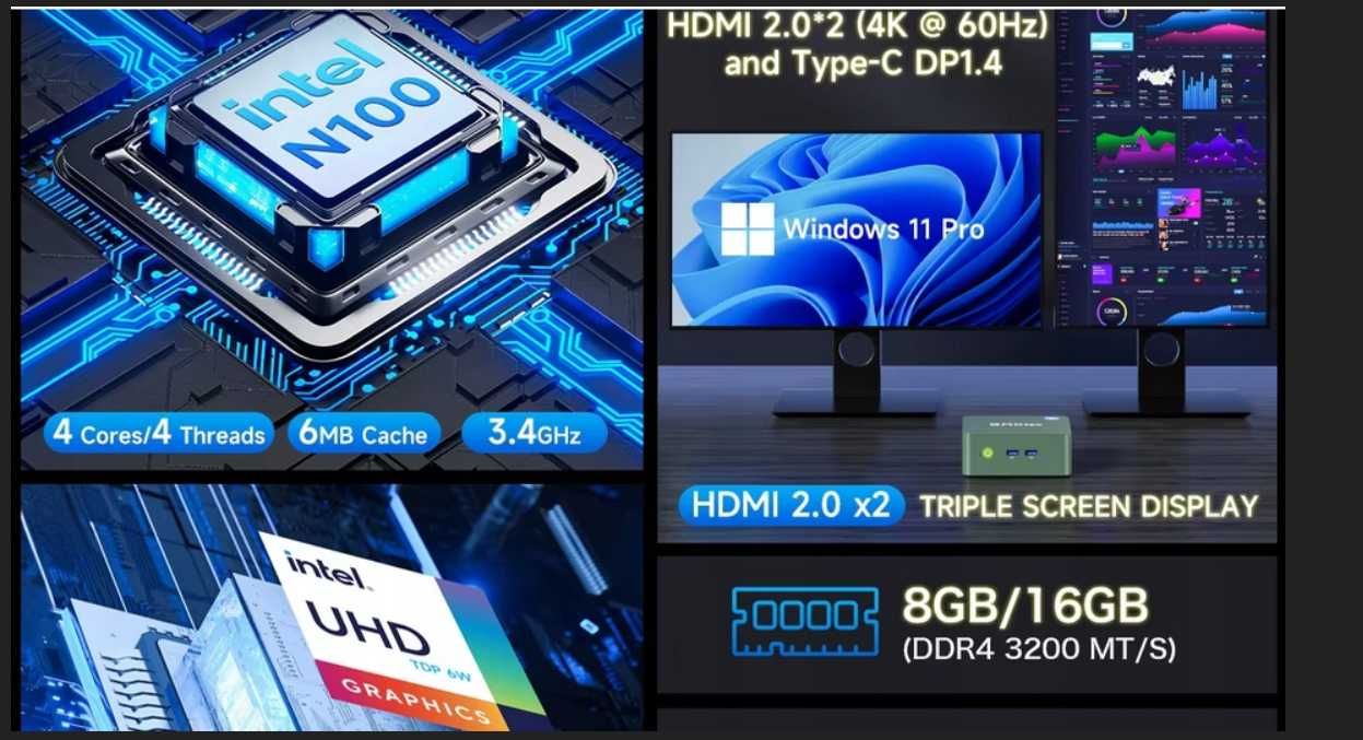 Komputer GMKtec Mini PC Intel N100 8 GB DDR4 256 GB SSD Windows 11 Pro
